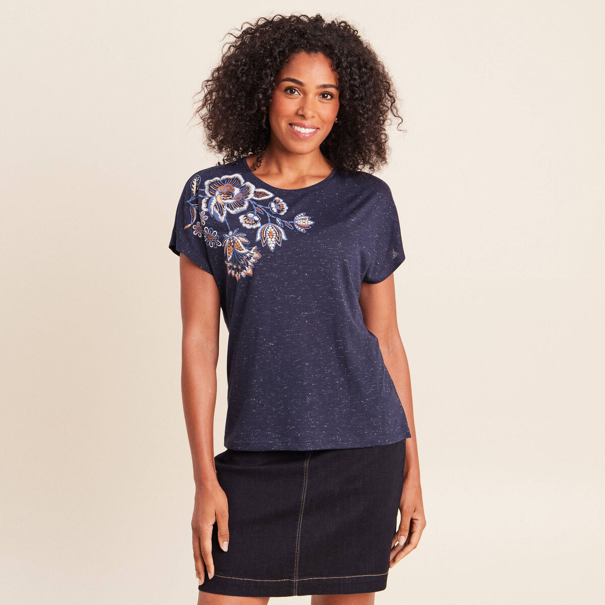 T-shirt &agrave; sequins manches courtes bleu marine femme