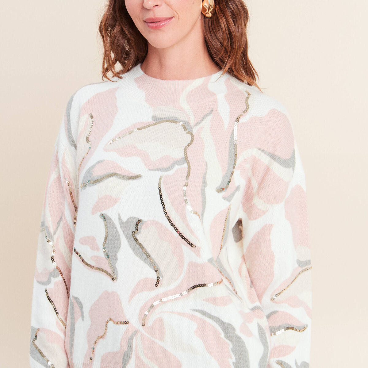 Pull col rond &agrave; sequins rose femme