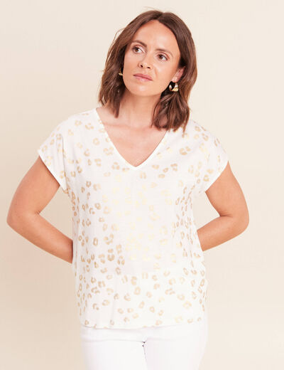 T-shirt droit col v manches courtes couleur or femme