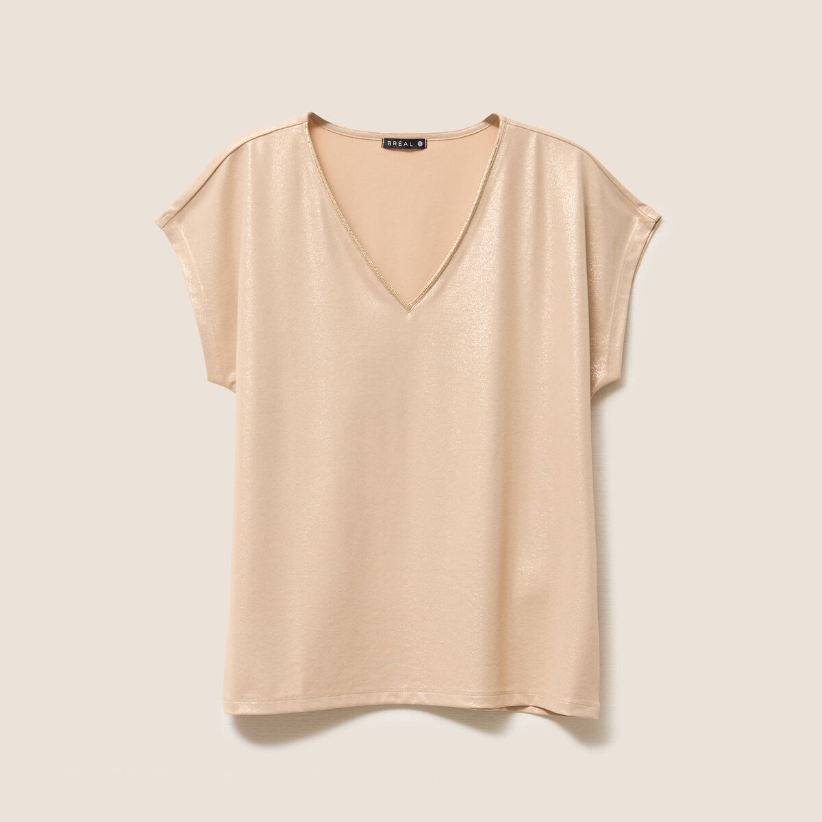 t-shirt col V manches courtes beige femme
