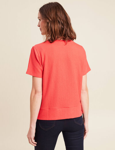 Top court bas resserré col rond rouge corail femme