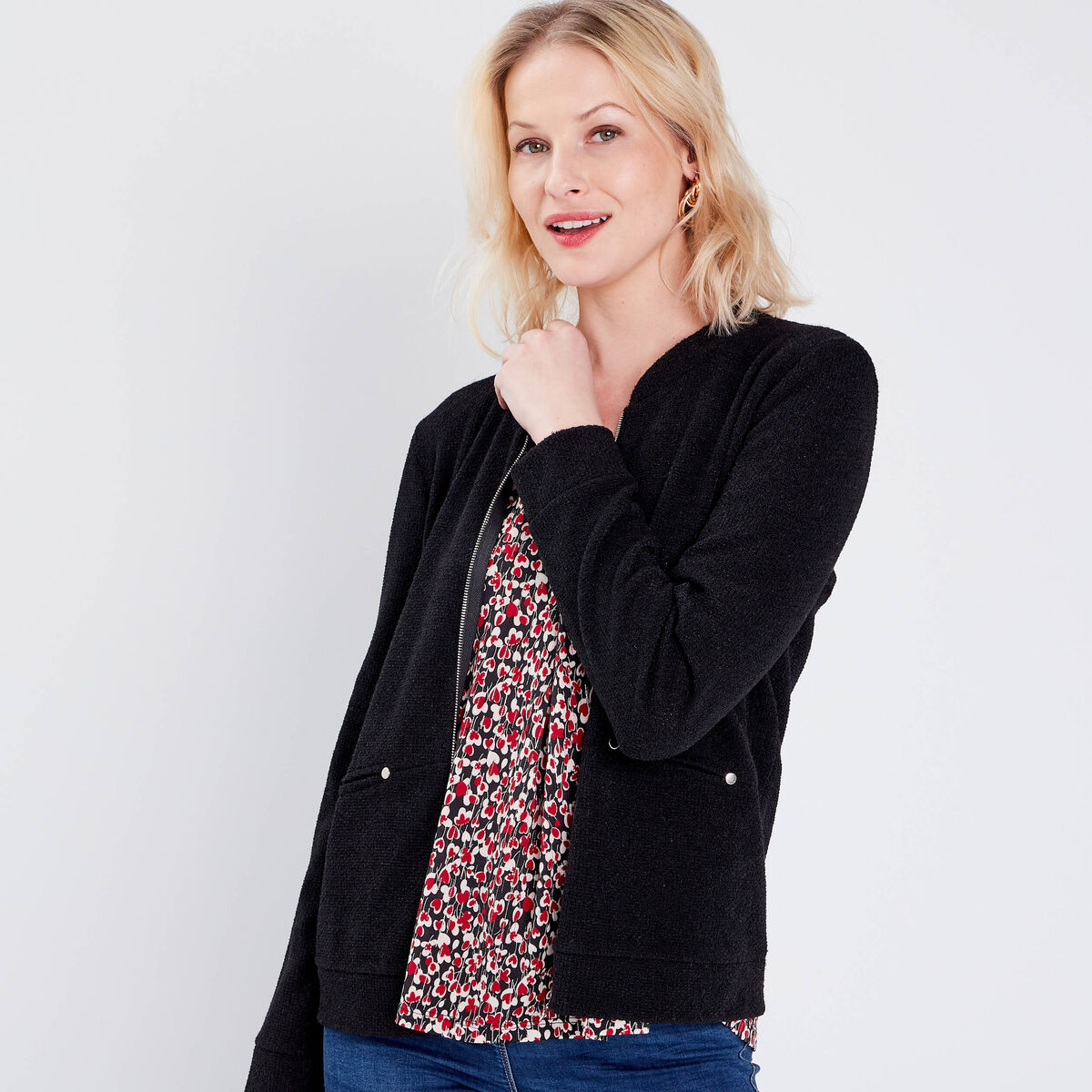 Gilet manches longues zippé noir femme