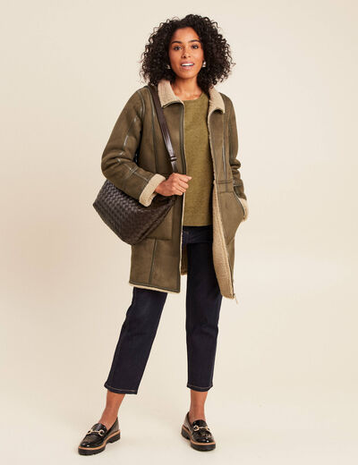 Manteau cintr&eacute; mi-long vert kaki femme