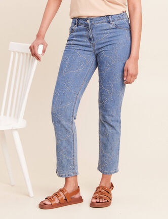 Jean coupe droite 7/8&egrave;me taille bascul&eacute;e denim double stone femme