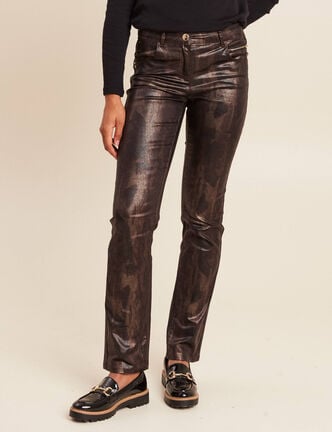 Pantalon taille bascul&eacute;e enduit marron fonc&eacute; femme