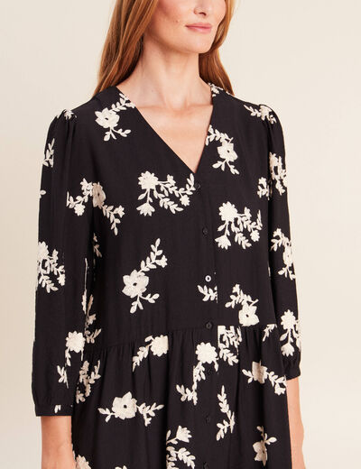 Robe courte &eacute;vas&eacute;e col v manches 3/4 noir femme