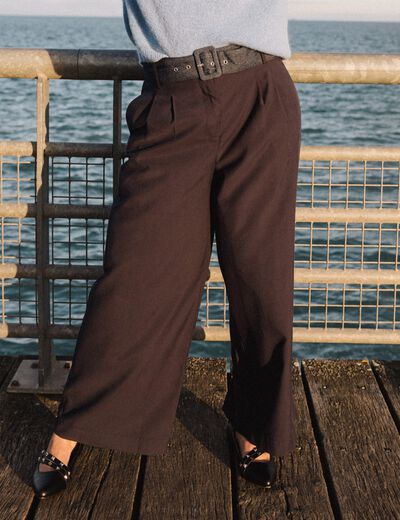 Pantalon large ceinturé bleu foncé femme