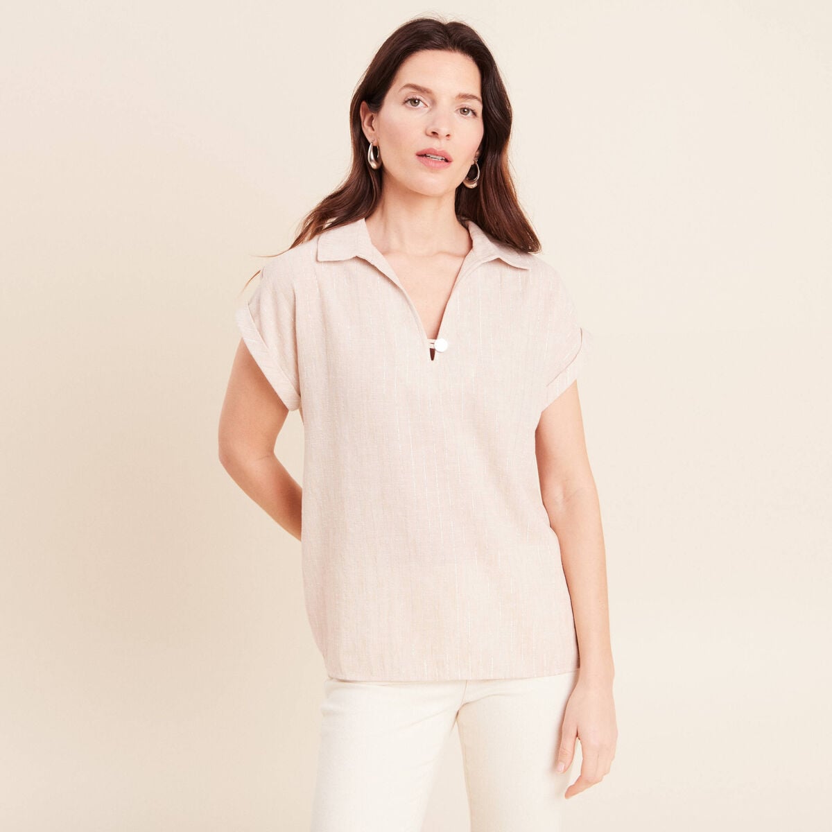 Blouse manches courtes fluide beige femme