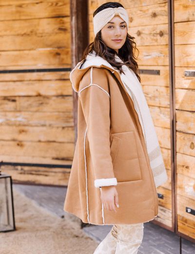 Manteau su&eacute;dine &agrave; capuche marron femme