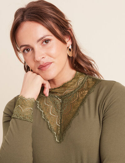 T-shirt cintr&eacute; col montant dentelle vert kaki femme