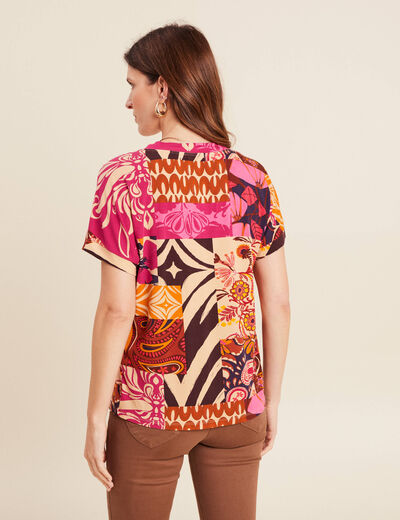 T-shirt col v manches courtes rose femme
