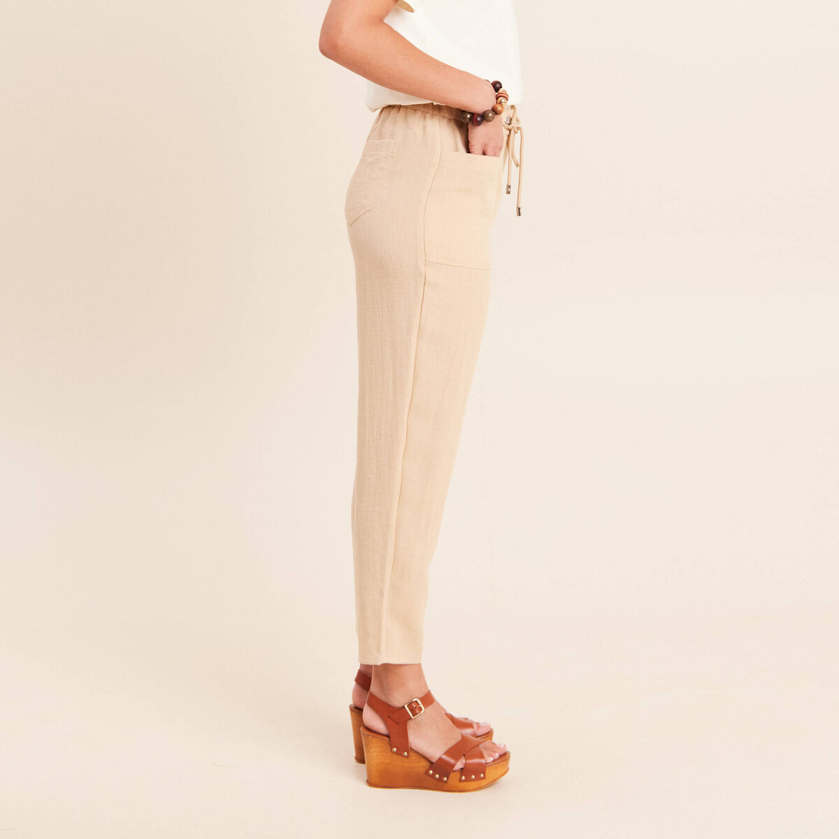 Pantalon mom 7/8&egrave;me en coton beige femme