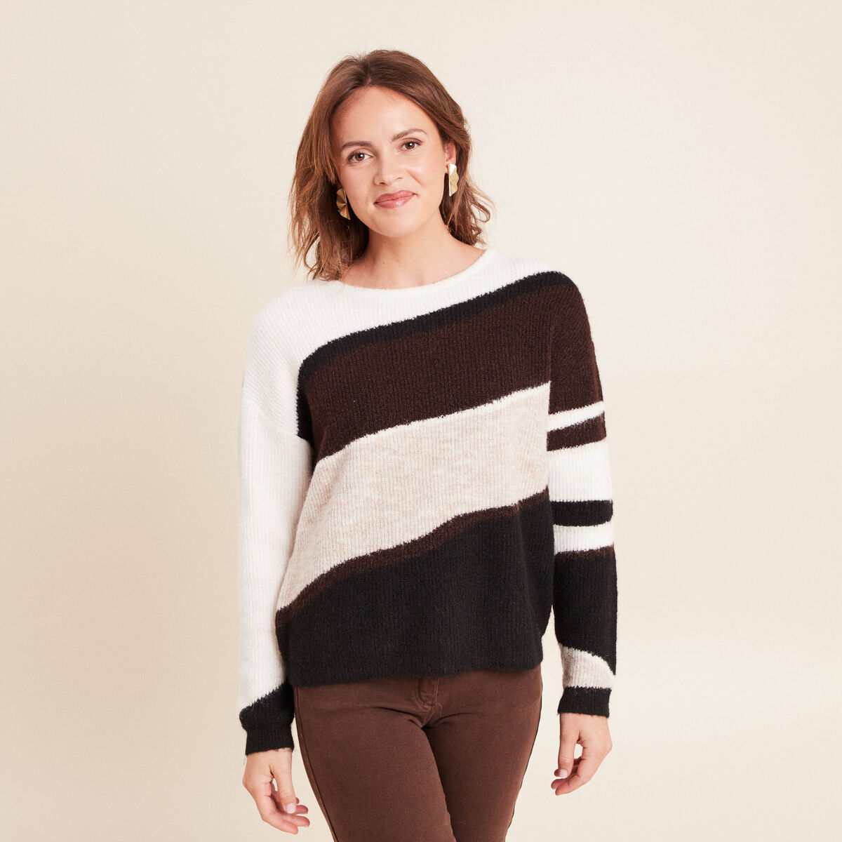 Pull col rond manches longues creme femme