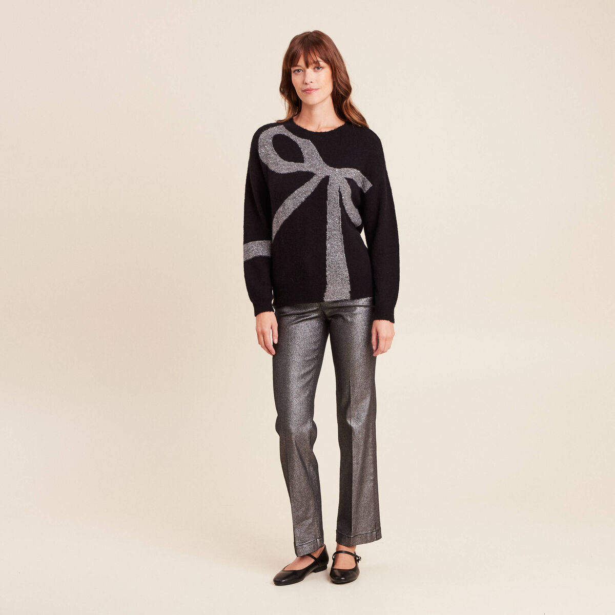 Pull col bateau manches longues noir femme