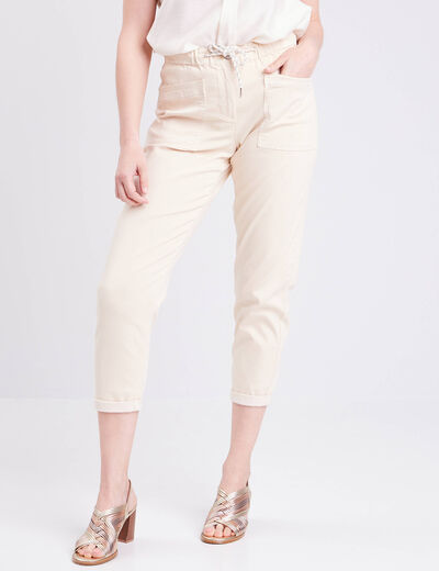 Pantalon coupe droite à coulisse ivoire femme