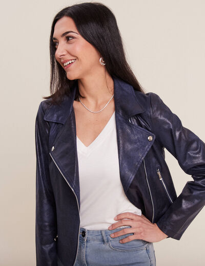Veste esprit motard zippée bleu foncé femme