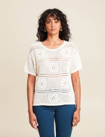 Pull court col rond manches courtes ecru femme