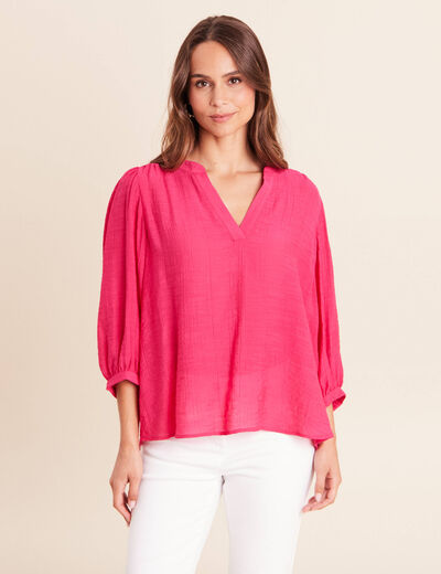 Blouse ample col tunisien manches 3/4 rose fushia femme