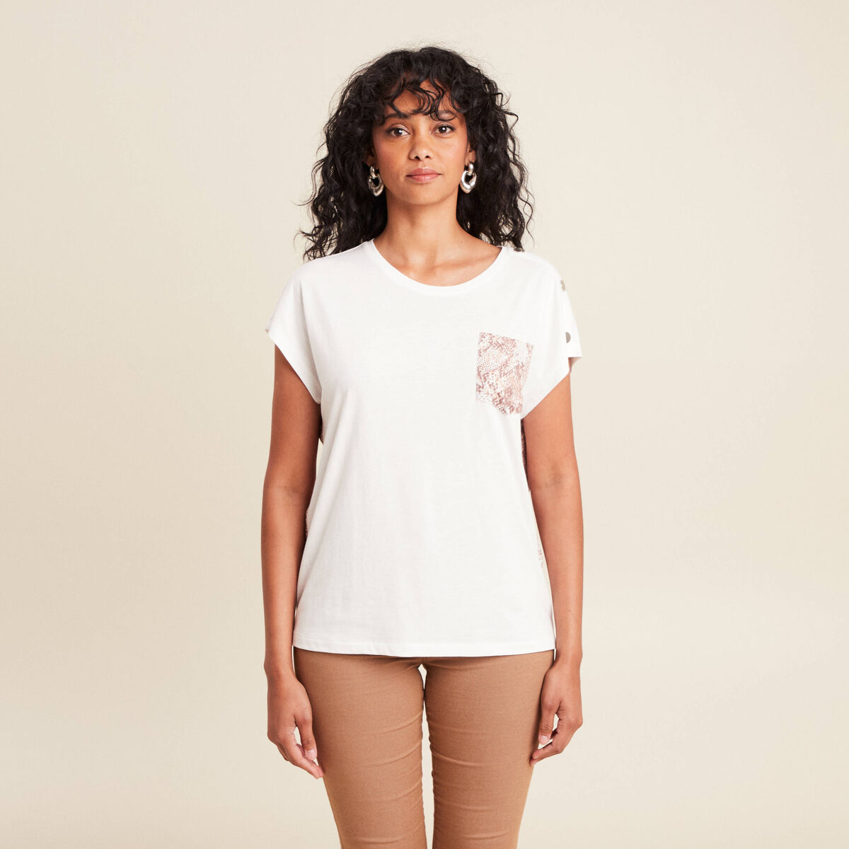 t-shirt col rond manches courtes ecru femme