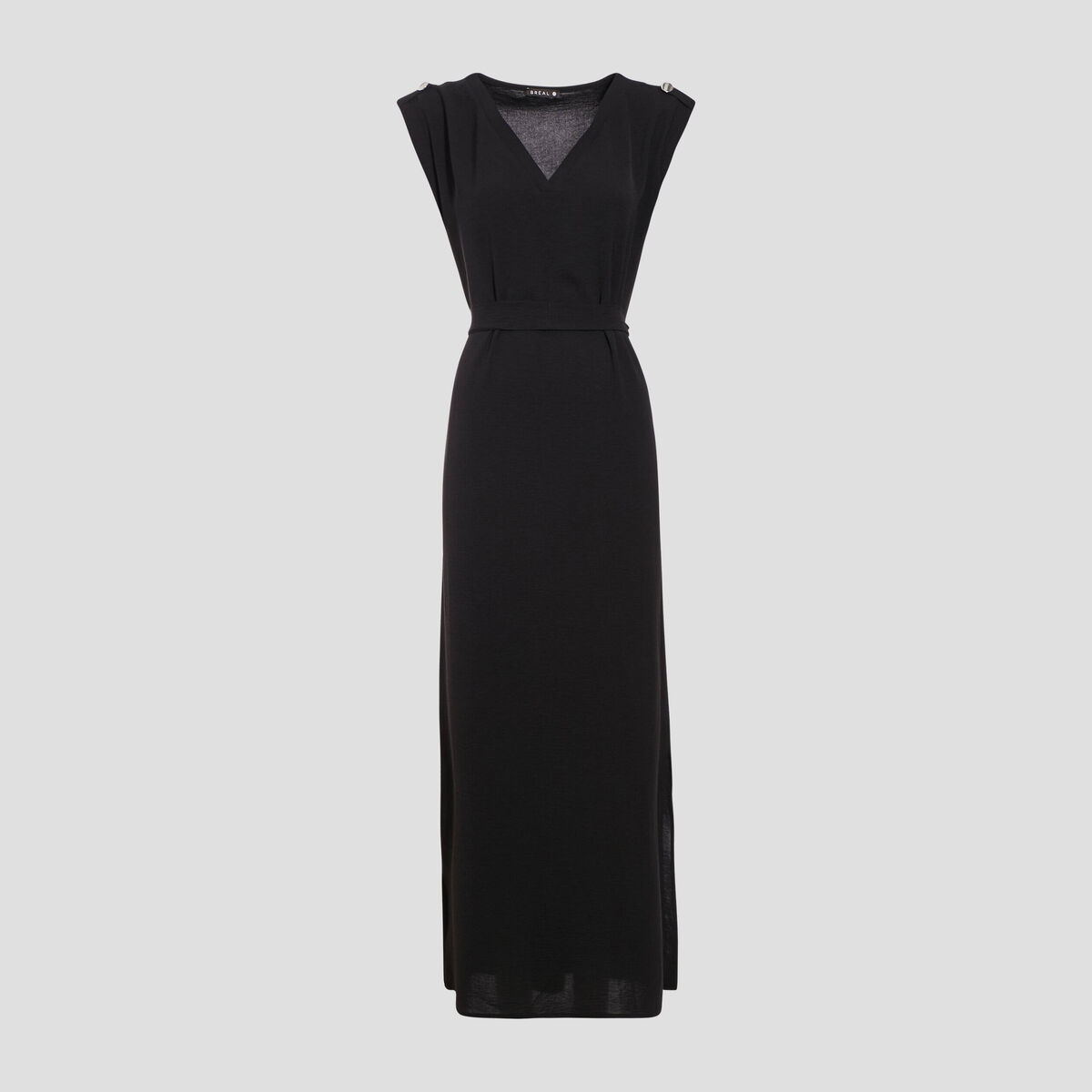 Robe longue droite ceinturée noir femme