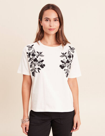 T-shirt ample col rond brod&eacute; ecru femme