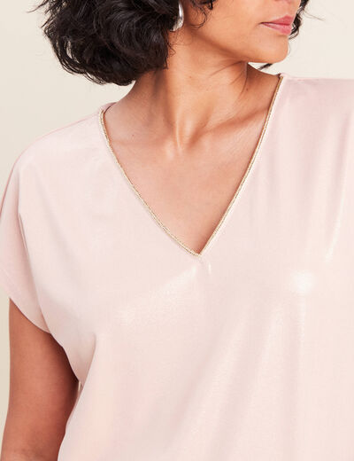 T-shirt col V manches courtes vieux rose femme