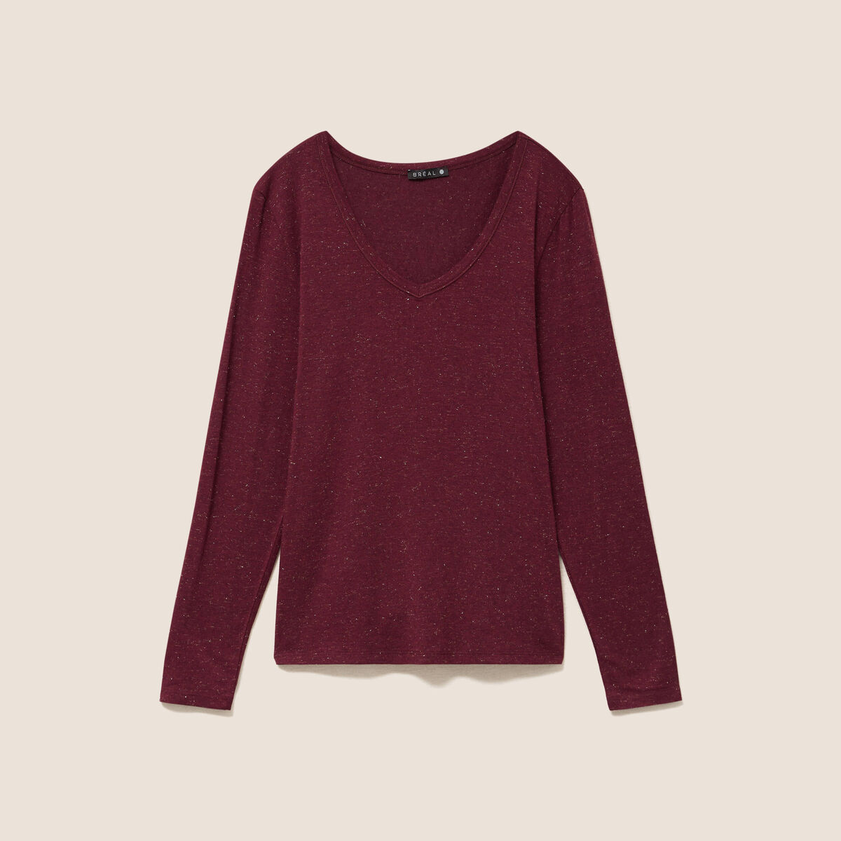 T-shirt ajust&eacute; col v manches longues bordeaux femme