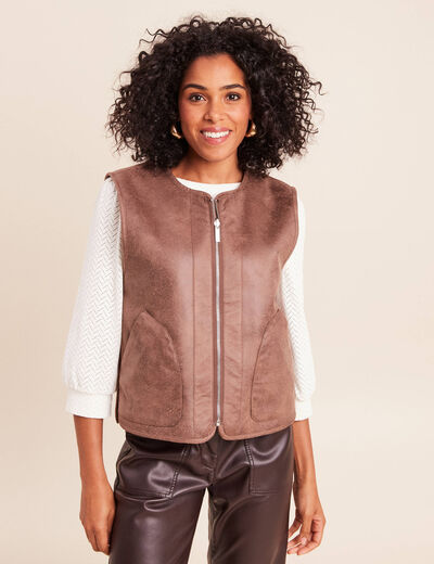 Veste sans manches sans col marron fonc&eacute; marron femme