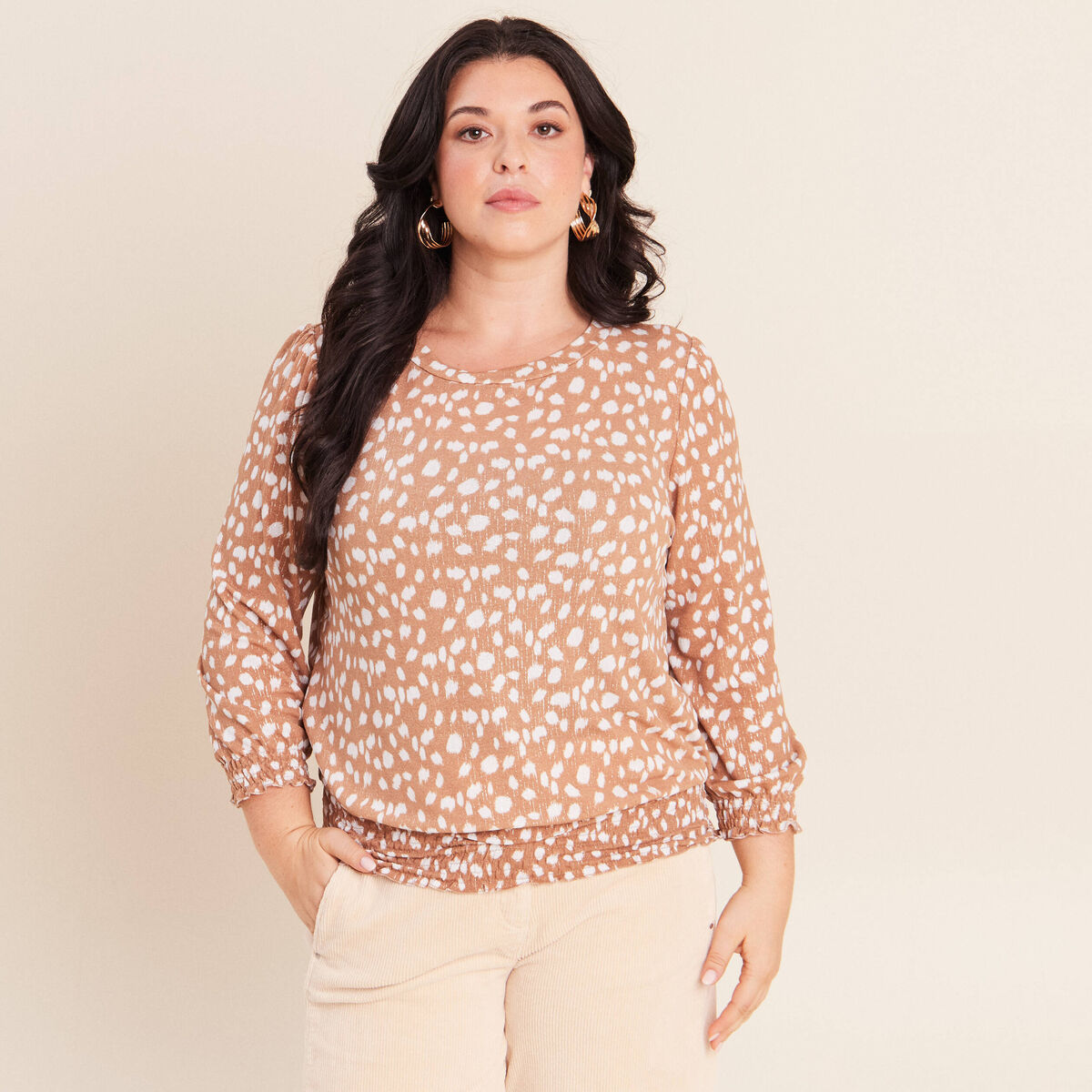 T-shirt col rond manches 3/4 marron femme