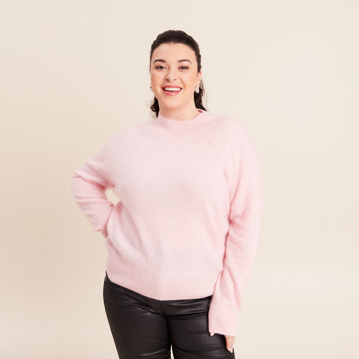 Pull cachemire col montant rose femme