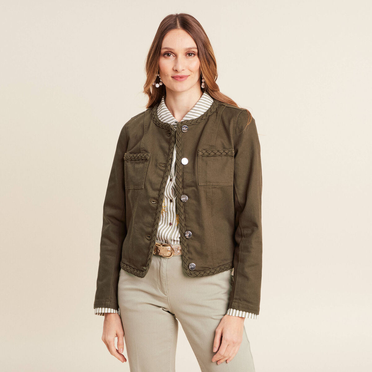 Veste en jean détails tressés vert olive femme