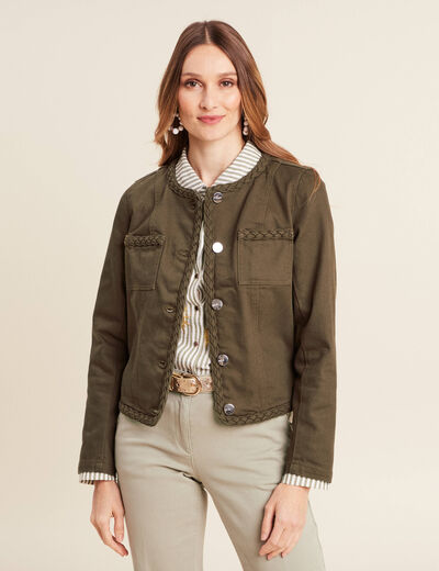 Veste en jean détails tressés vert olive femme