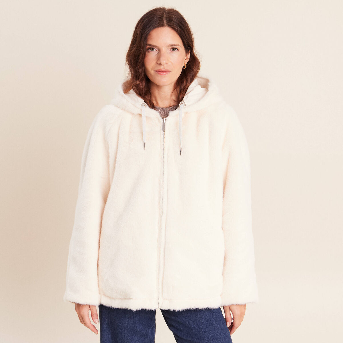 Parka r&eacute;versible courte &agrave; capuche ivoire femme