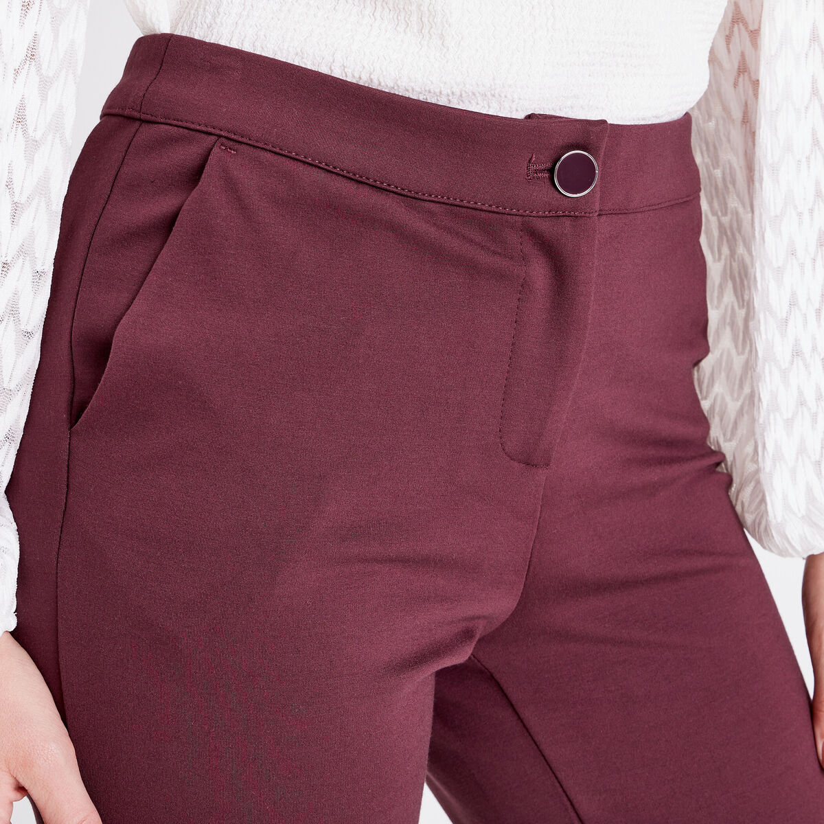 Pantalon ajusté taille basculée bordeaux femme
