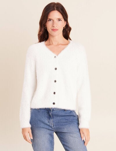 Gilet col V &agrave; sequins ecru femme