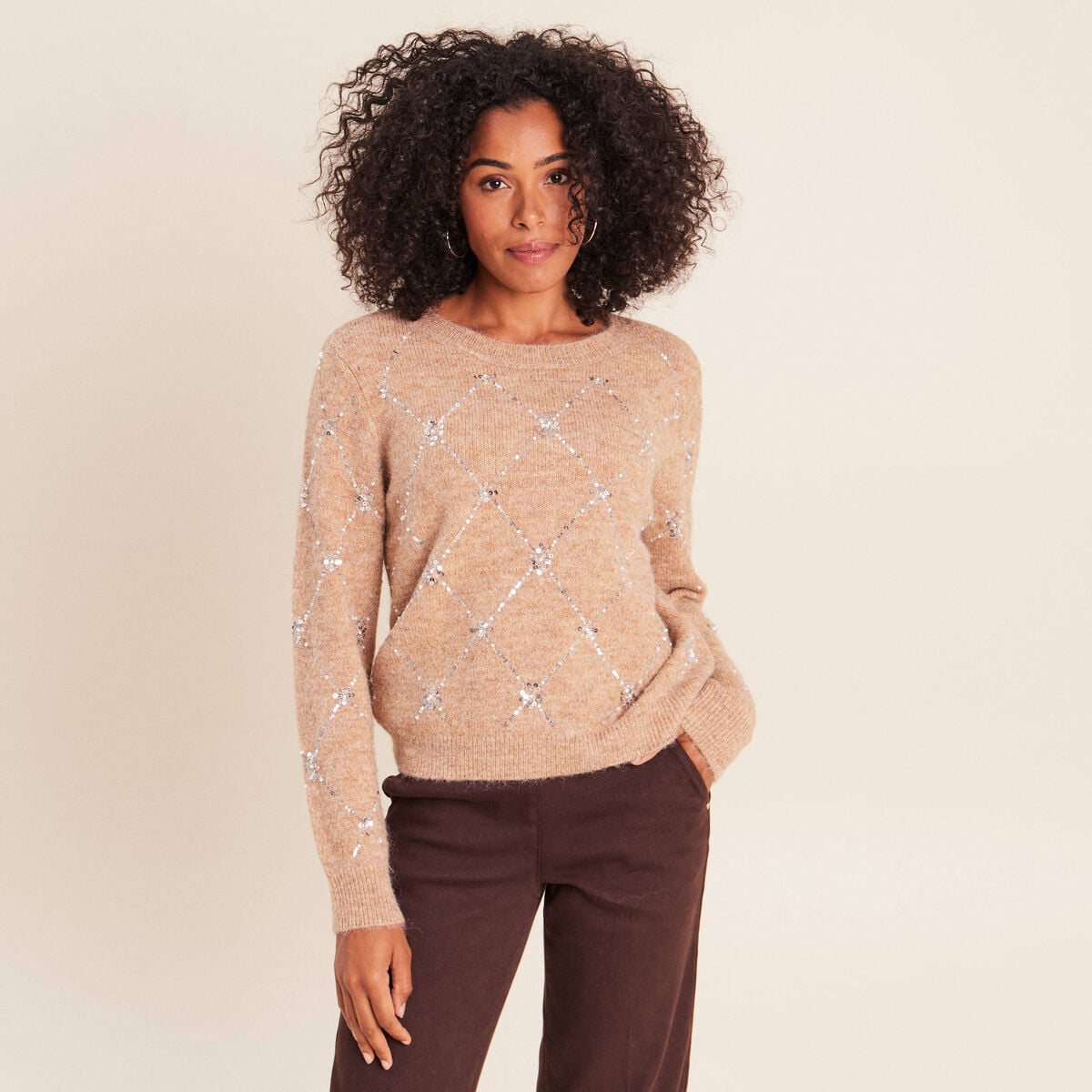 Pull col rond &agrave; sequins marron clair femme