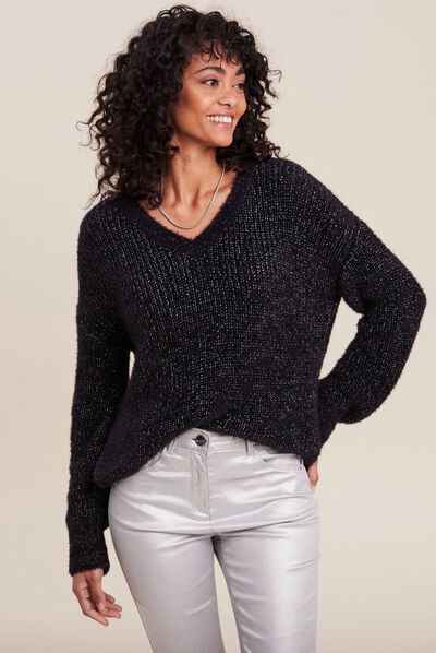 Pull manches longues col en V noir femme