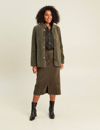 Manteau bouclette doubl&eacute; manches longues vert kaki femme