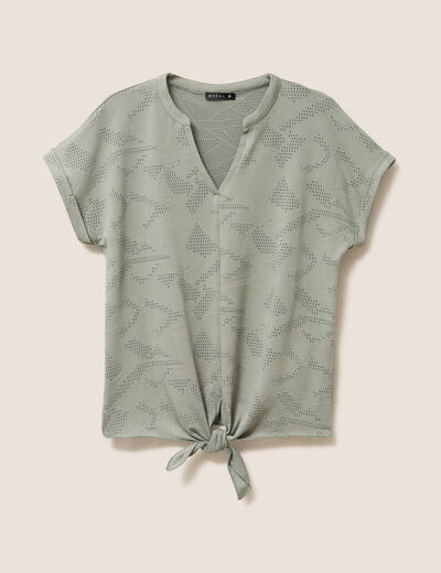 T-shirt col tunisien manches courtes vert clair femme