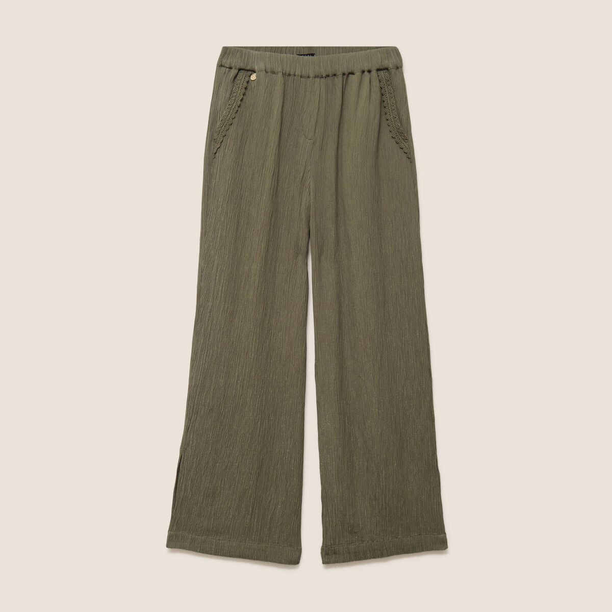 Pantalon large taille haute pliss&eacute; vert kaki femme