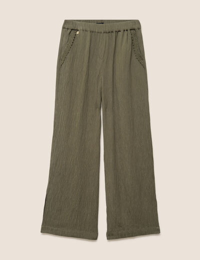 Pantalon large taille haute pliss&eacute; vert kaki femme