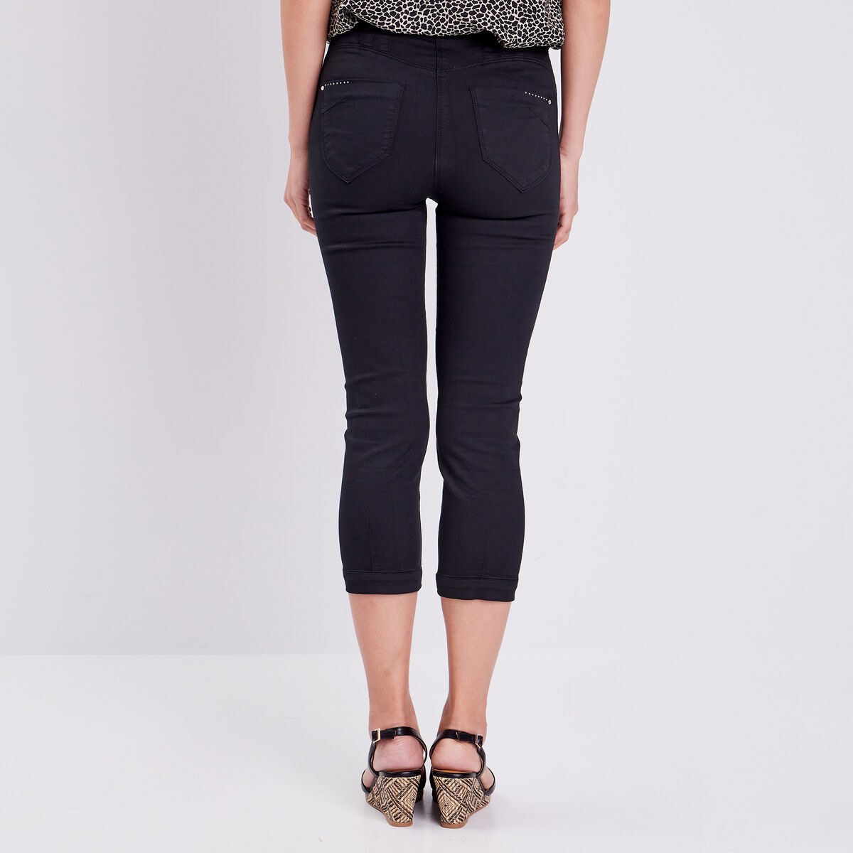 Pantacourt droit taille haute noir femme