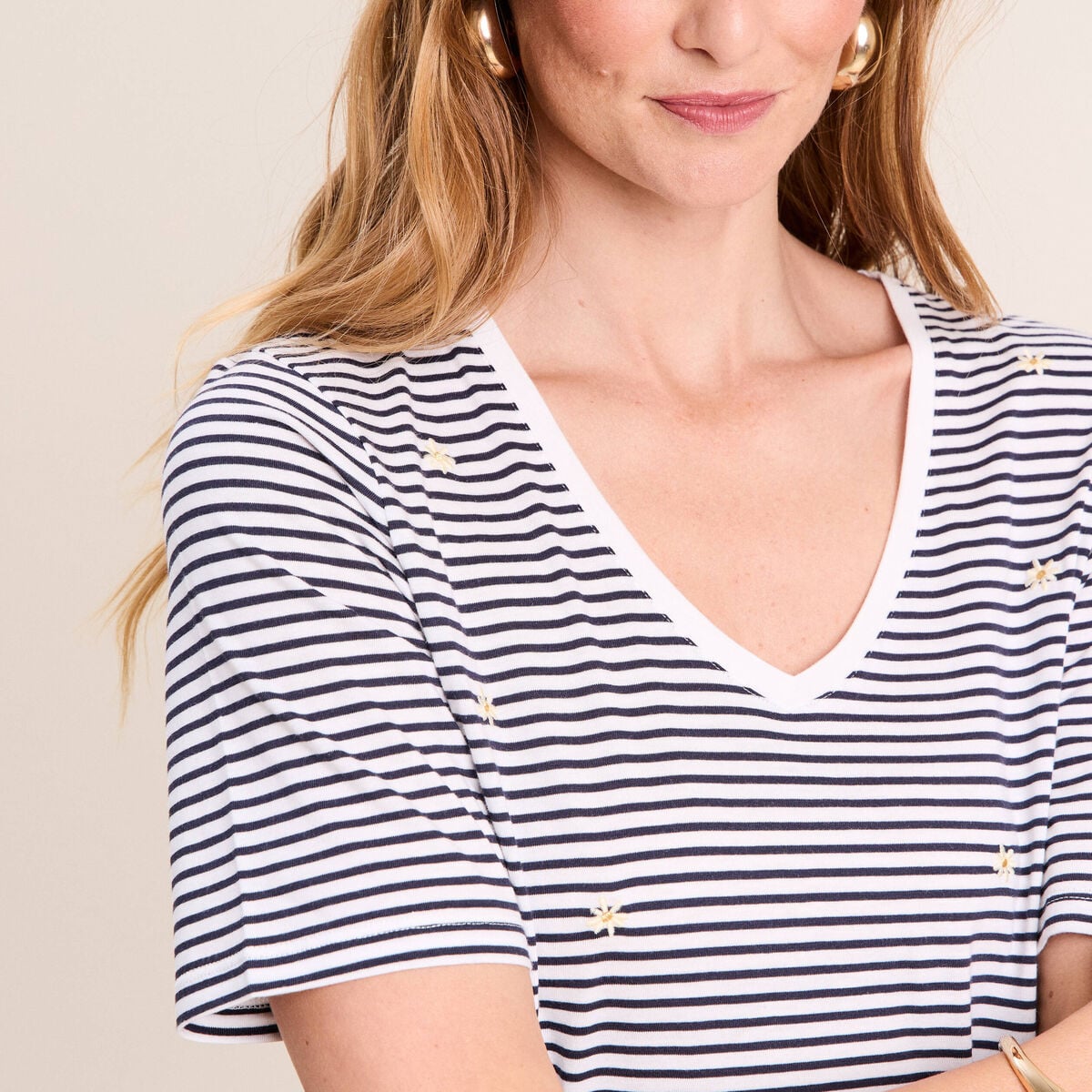 T-shirt droit broderie manches courtes bleu femme
