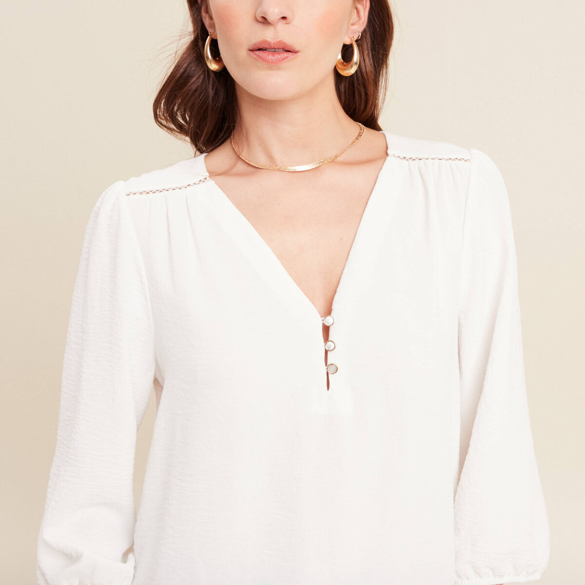 Blouse col v manches 3/4 fluide ecru femme