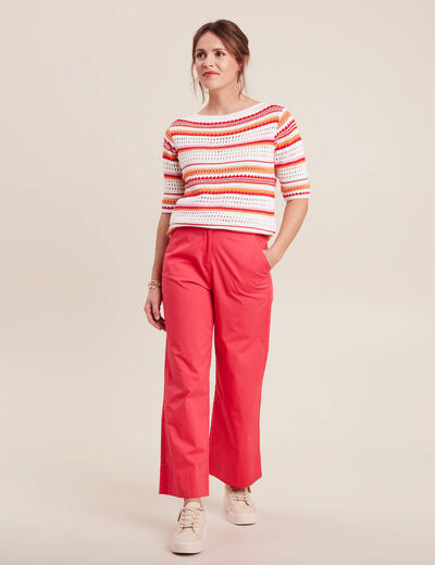 Pull manches 3/4 ajouré orange femme
