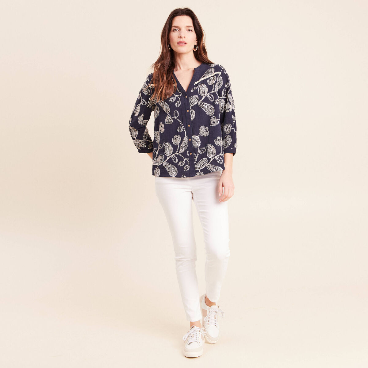 Blouse col tunisien manches 3/4 bleu femme