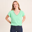 T-shirt col v manches courtes aspect lin vert fluo femme