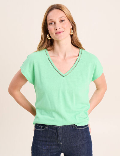 T-shirt col v manches courtes aspect lin vert fluo femme