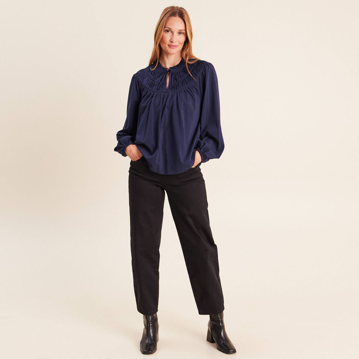 Blouse col tunisien manches longues bleu marine femme