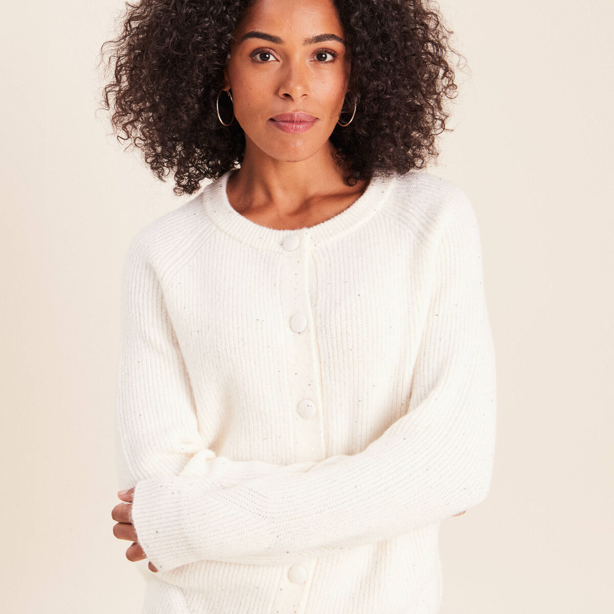 Cardigan col rond &agrave; sequins ecru femme
